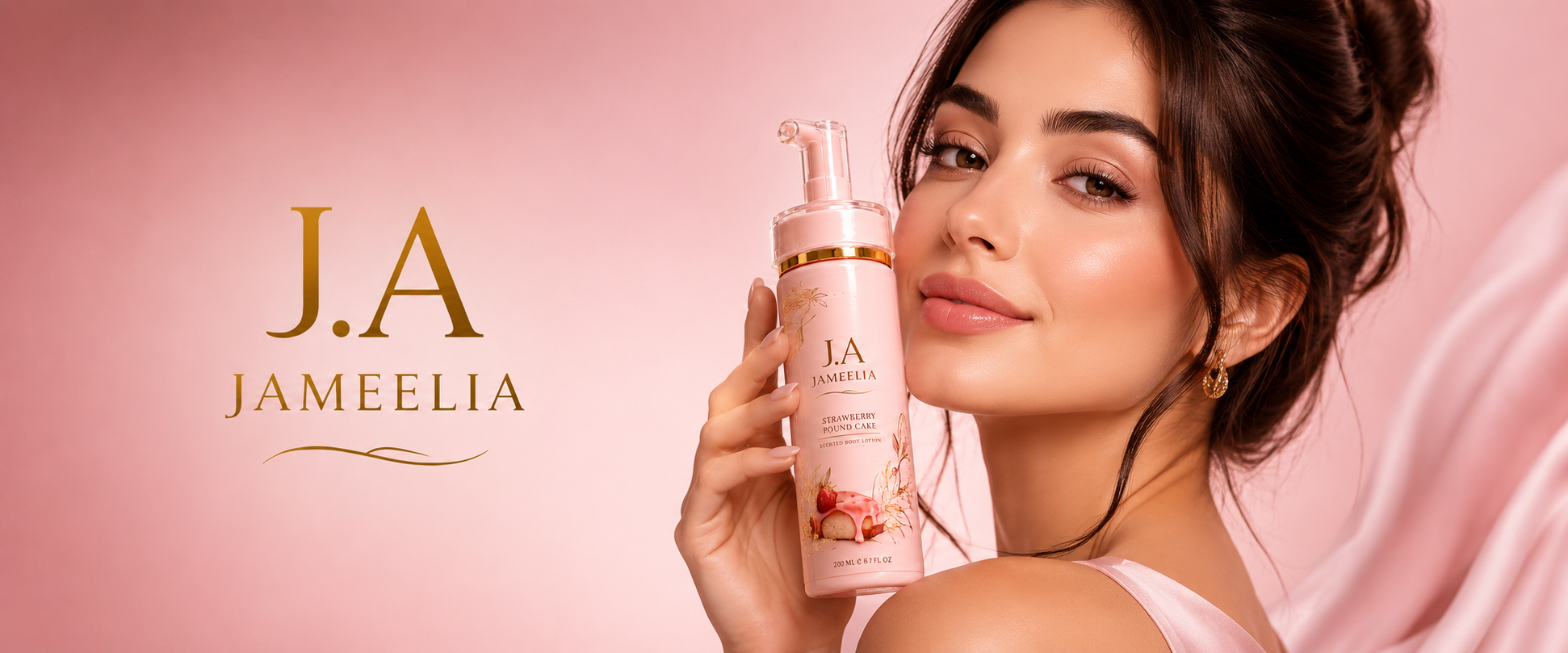 Jameelia model holding Strawberry Pound Cake body lotion