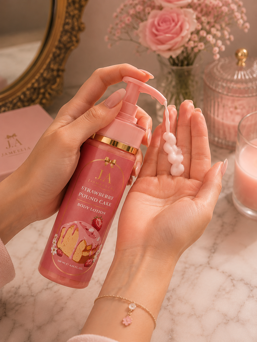 Applying Strawberry Pound Cake body lotion